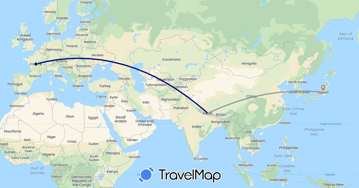 TravelMap itinerary: driving, plane in France, Japan, Nepal (Asia, Europe)